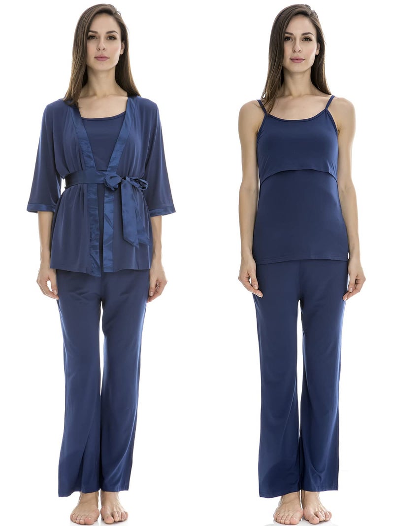 Bearsland Maternity Women's 3 Pieces Soft Nursing Pajamas Set Postpartum Sleepwear for Breastfeeding Blue - Image 1